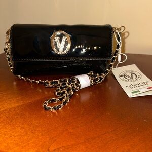 Valentino Orlandi Black Patent Clutch with Gold Accents